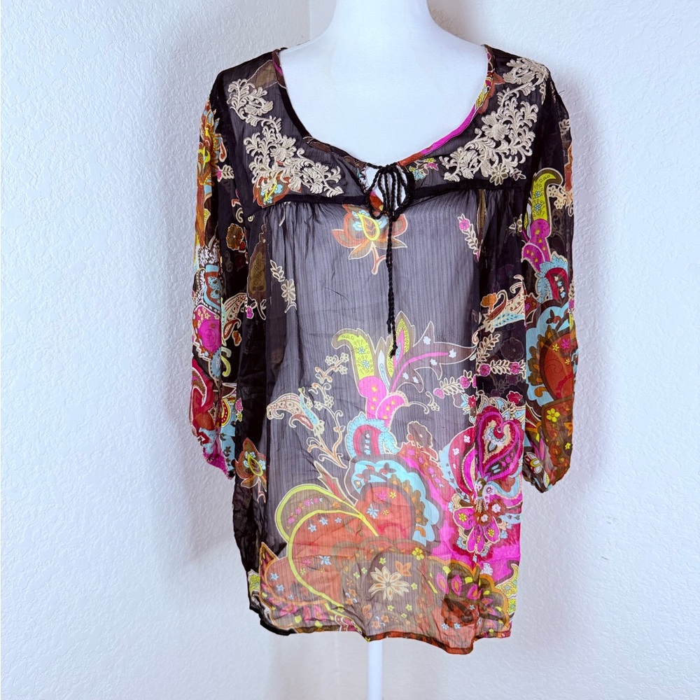 One World boho peasant top,‎ black tassel tie. Size L